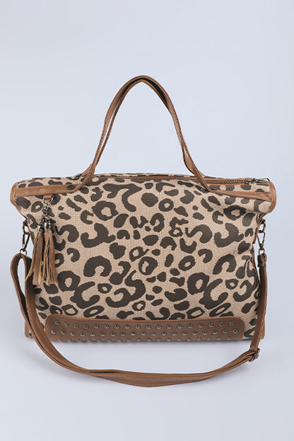 Leopard Print Studded Tassel Zipper Tote Bag