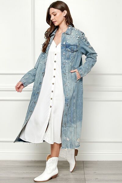 Veveret Distressed Raw Hem Pearl Detail Jacket (S-3XL)