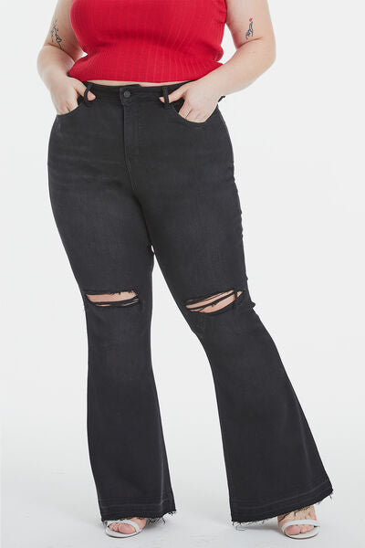 BAYEAS High Waist Distressed Raw Hem Flare Jeans (0-22W)