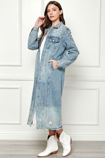 Veveret Distressed Raw Hem Pearl Detail Jacket (S-3XL)