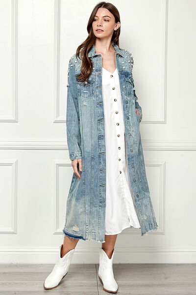 Veveret Distressed Raw Hem Pearl Detail Jacket (S-3XL)