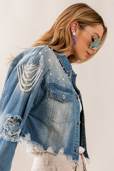 BiBi Pearl Detail Distressed Cropped Denim Jacket (S-XL)