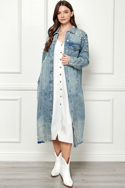 Veveret Distressed Raw Hem Pearl Detail Jacket (S-3XL)