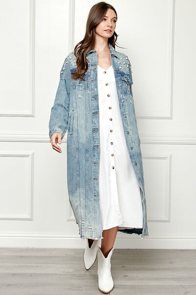 Veveret Distressed Raw Hem Pearl Detail Jacket (S-3XL)