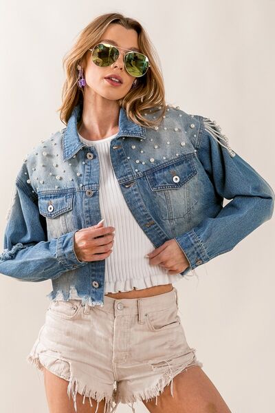 BiBi Pearl Detail Distressed Cropped Denim Jacket (S-XL)