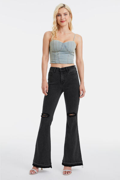 BAYEAS High Waist Distressed Raw Hem Flare Jeans (0-22W)