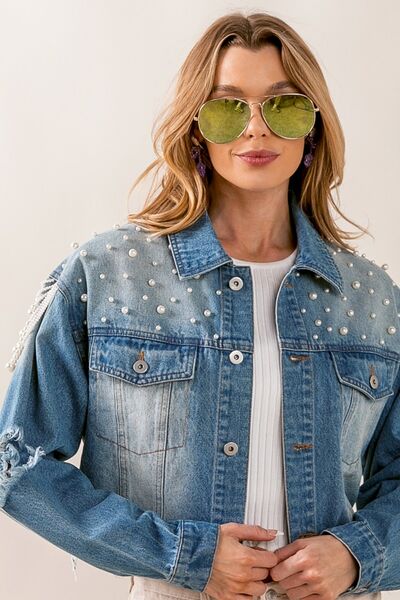 BiBi Pearl Detail Distressed Cropped Denim Jacket (S-XL)