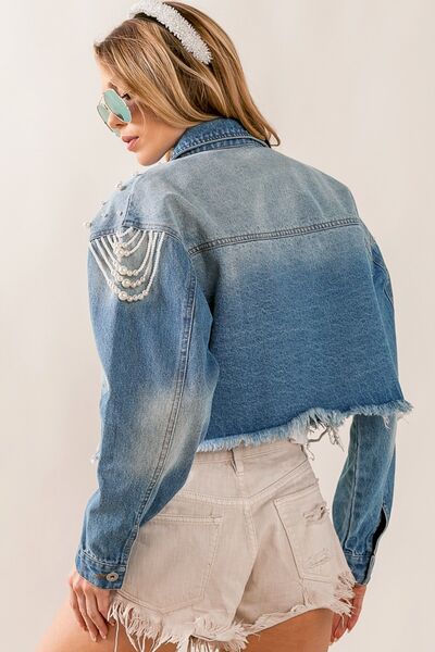 BiBi Pearl Detail Distressed Cropped Denim Jacket (S-XL)