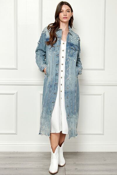 Veveret Distressed Raw Hem Pearl Detail Jacket (S-3XL)