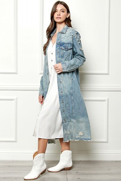 Veveret Distressed Raw Hem Pearl Detail Jacket (S-3XL)